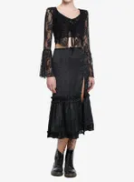 Black Lace Bell Sleeve Girls Tie-Front Top