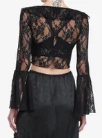 Black Lace Bell Sleeve Girls Tie-Front Top