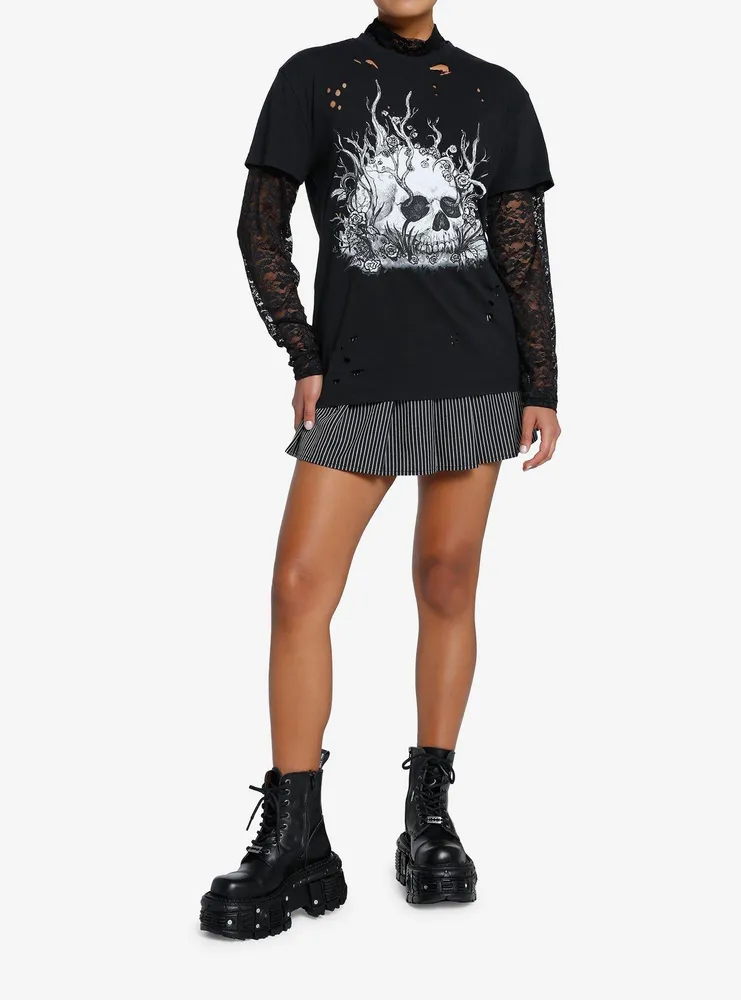 Skull Roots Lace Girls Long-Sleeve Twofer T-Shirt By Ghoulish Bunny Studios