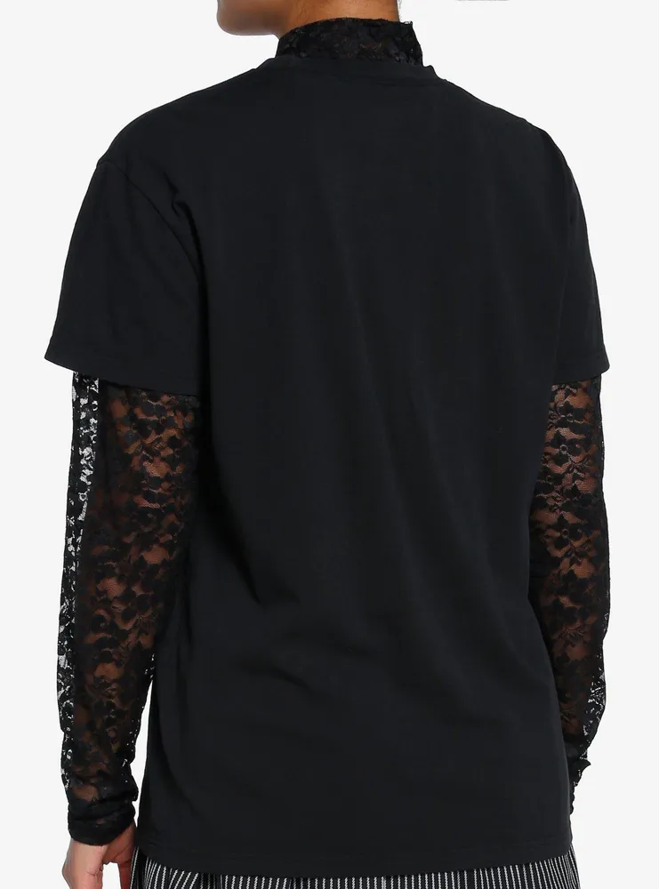 Skull Roots Lace Girls Long-Sleeve Twofer T-Shirt By Ghoulish Bunny Studios