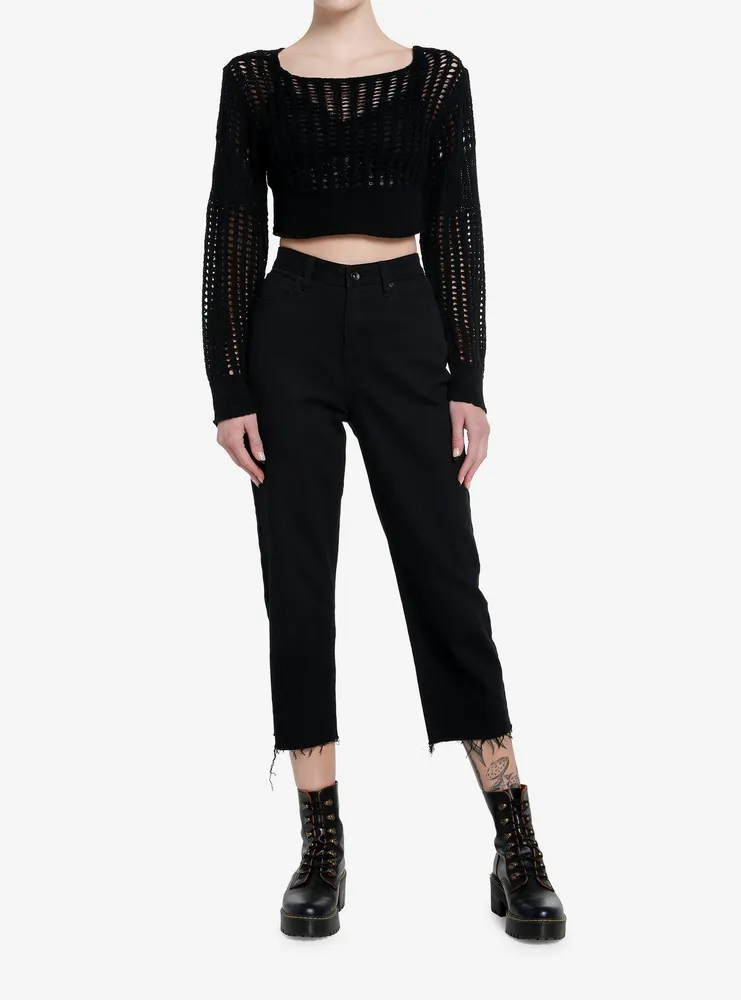 Black Open Knit Girls Crop Sweater