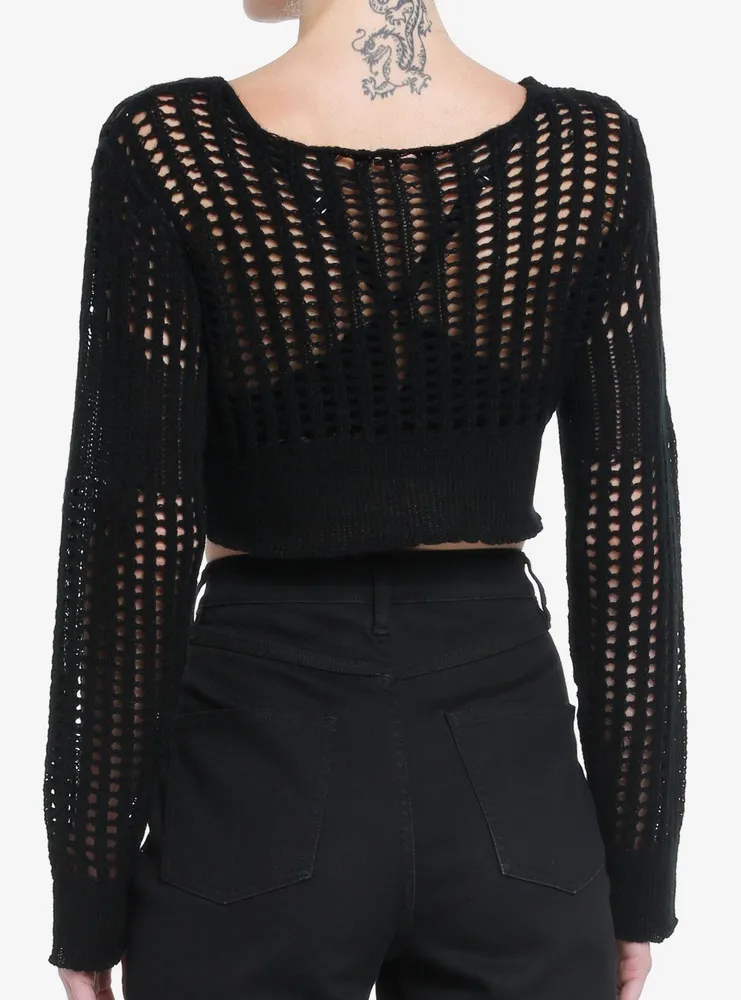 Black Open Knit Girls Crop Sweater