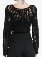 Black Open Knit Girls Crop Sweater