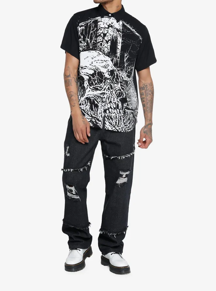 Haunted Forest Skull Woven Button-Up