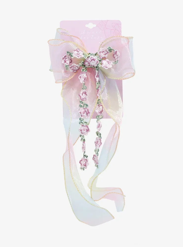 Sweet Society Pastel Rainbow Floral Long Hair Bow