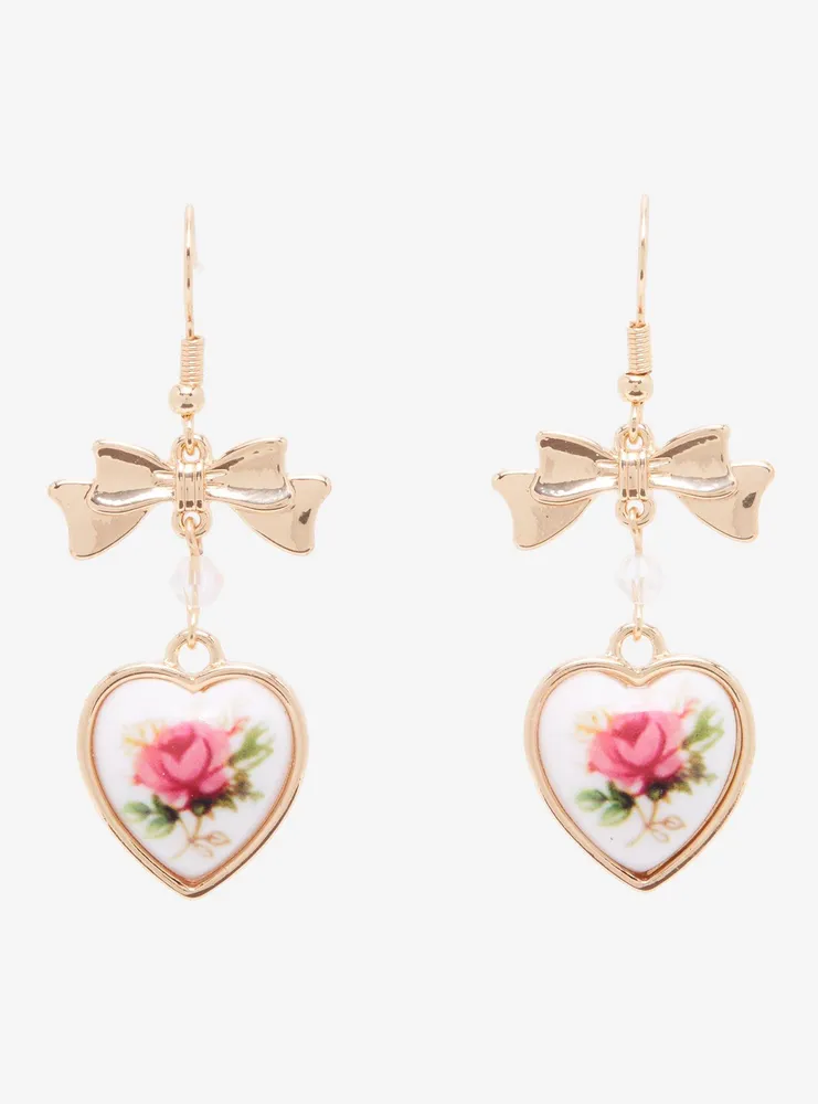 Floral Heart Bow Drop Earrings