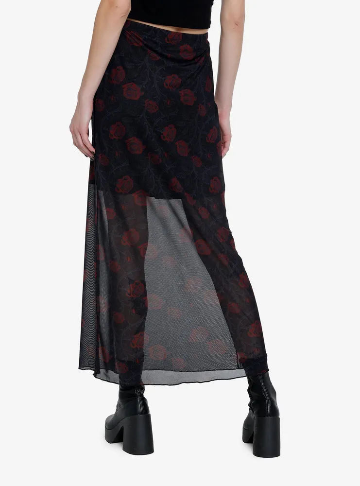 Red Rose Mesh Maxi Skirt