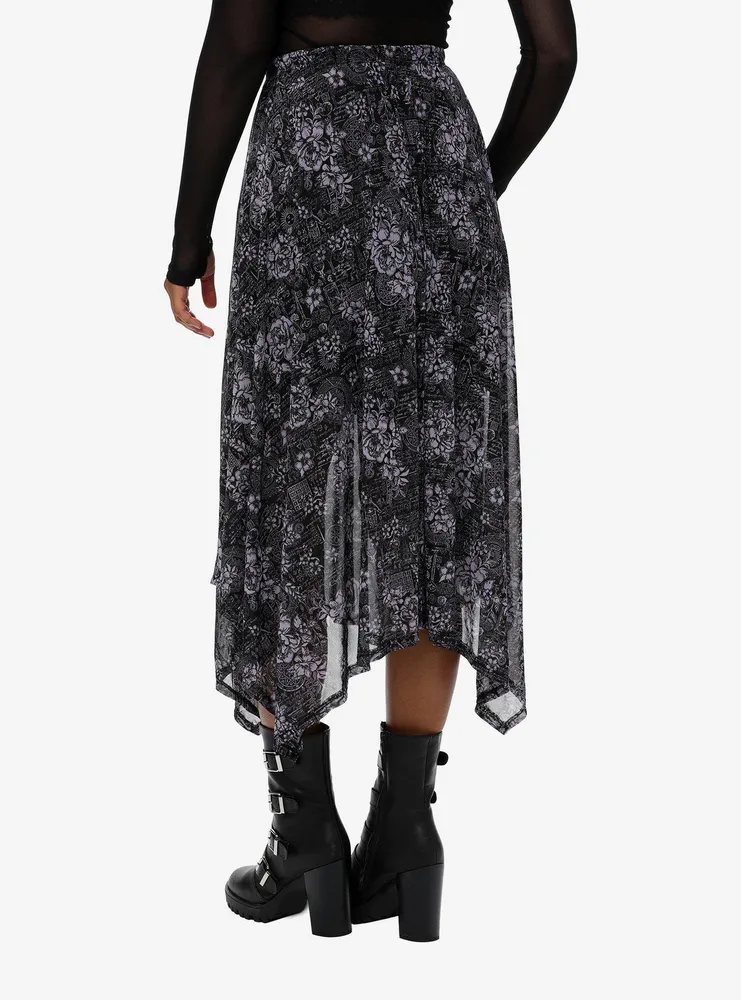 Purple Witch Print Hanky Hem Midi Skirt