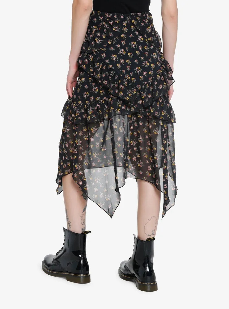 Black Floral Ruffle Hanky Hem Midi Skirt