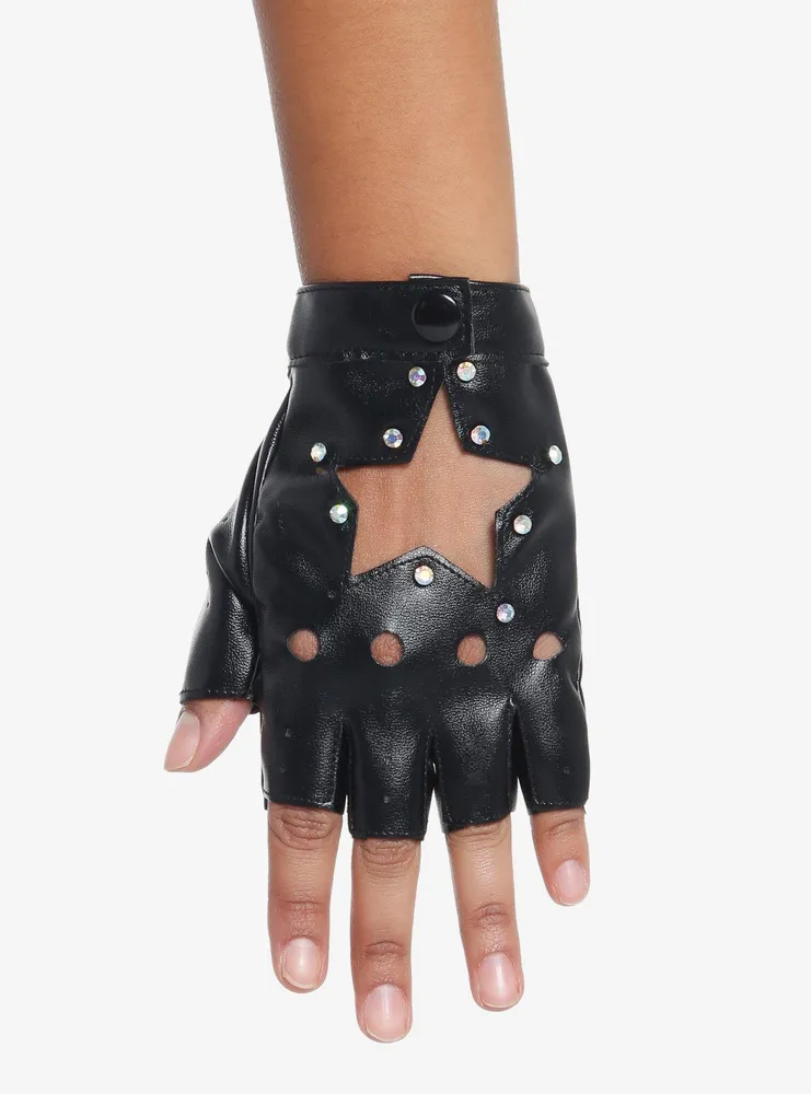 Rhinestone Star Cutout Moto Fingerless Gloves