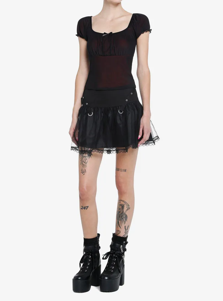 Hot Topic Social Collision Red & Black Mesh Girls Babydoll Top