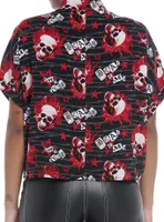 Social Collision Flaming Skulls Allover Print Girls Woven Button-Up