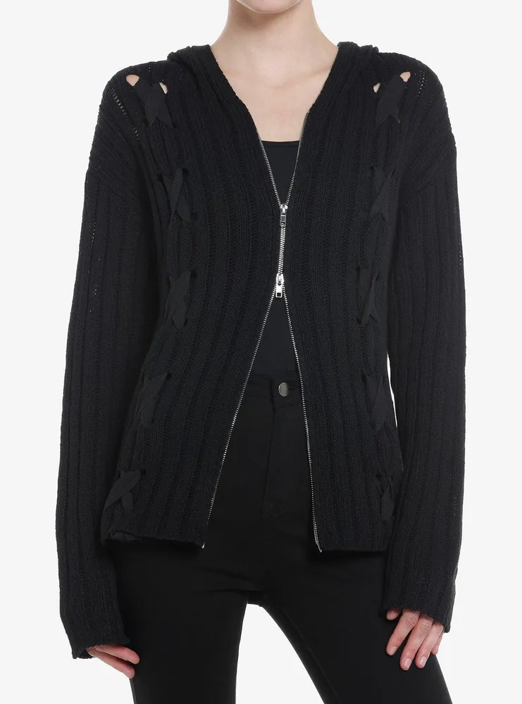 Black Lace-Up Girls Knit Hoodie