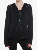 Black Lace-Up Girls Knit Hoodie