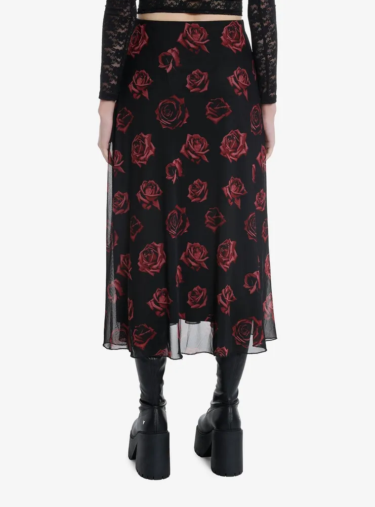 Cosmic Aura Red Rose Mesh Midi Skirt