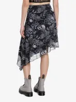 Thorn & Fable Skulls Flowers Asymmetrical Midi Skirt