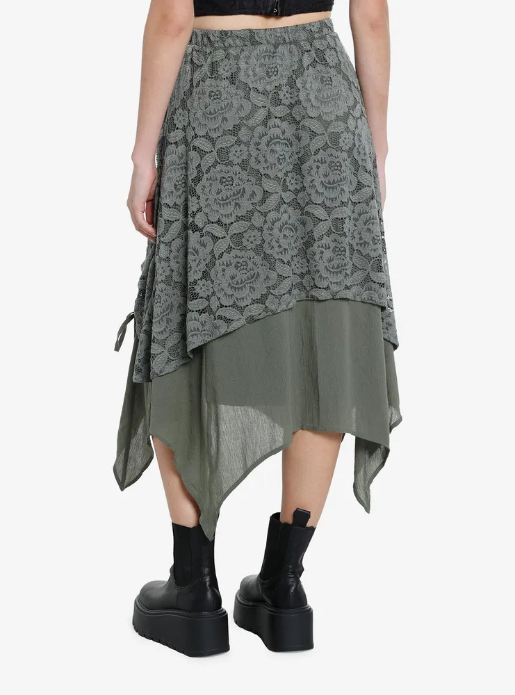 Thorn & Fable Green Lace Layered Ruched Midi Skirt