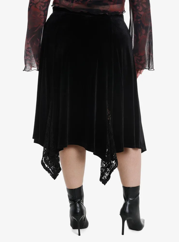 Black Velvet Lace Godet Midi Skirt Plus