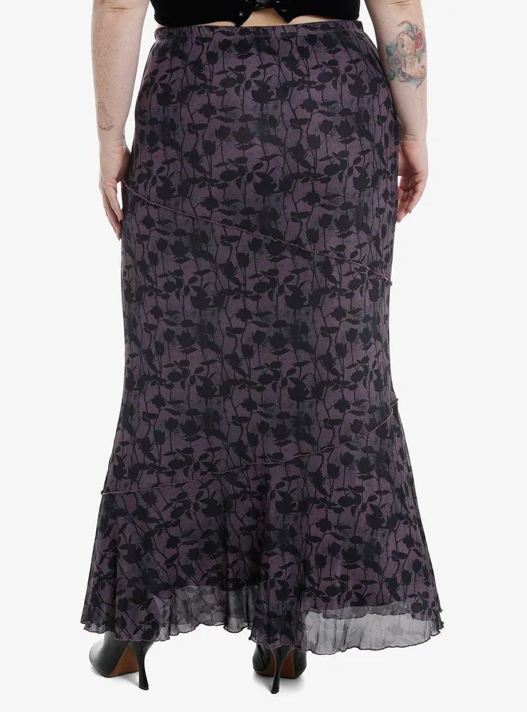 Cosmic Aura Purple & Black Roses Mesh Maxi Skirt Plus