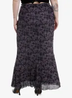 Cosmic Aura Purple & Black Roses Mesh Maxi Skirt Plus