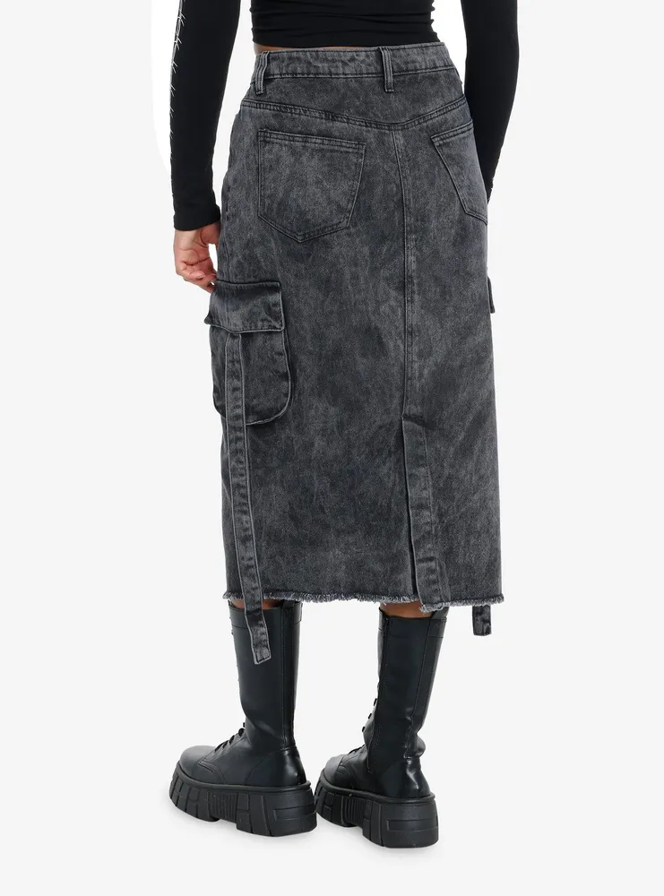 Black Acid Wash Cargo Denim Maxi Skirt