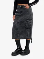 Black Acid Wash Cargo Denim Maxi Skirt