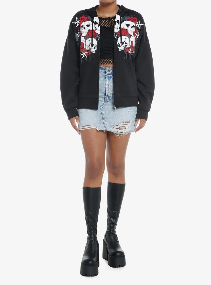 Social Collision Skulls & Red Roses Girls Hoodie