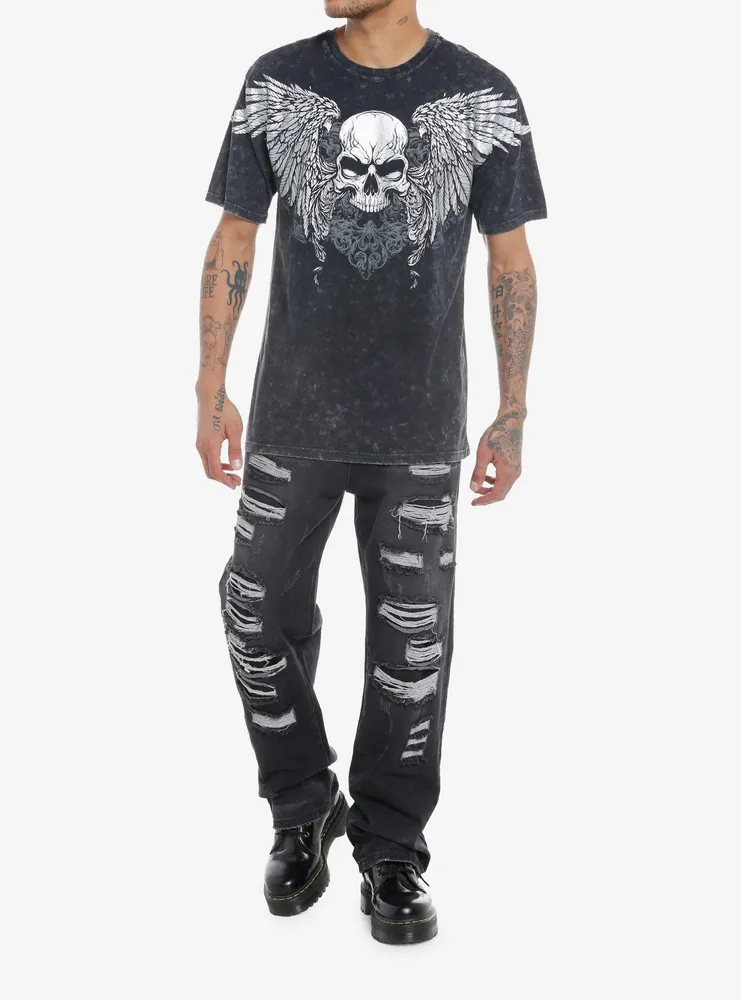 Social Collision Metal Foil Skull Dark Wash T-Shirt