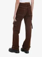 Brown Contrast Stitch Strap Carpenter Pants