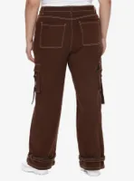 Brown Contrast Stitch Strap Carpenter Pants Plus