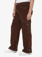 Brown Contrast Stitch Strap Carpenter Pants Plus