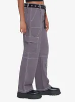 Grey Side Chain Carpenter Pants With Belt