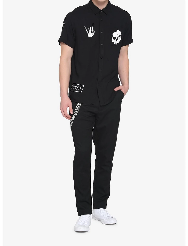 Skeleton Patches Black Woven Button-Up