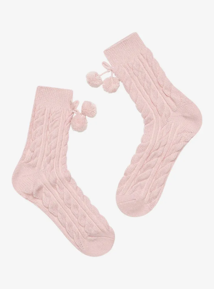 Strawberry Pom Chunky Knit Crew Socks