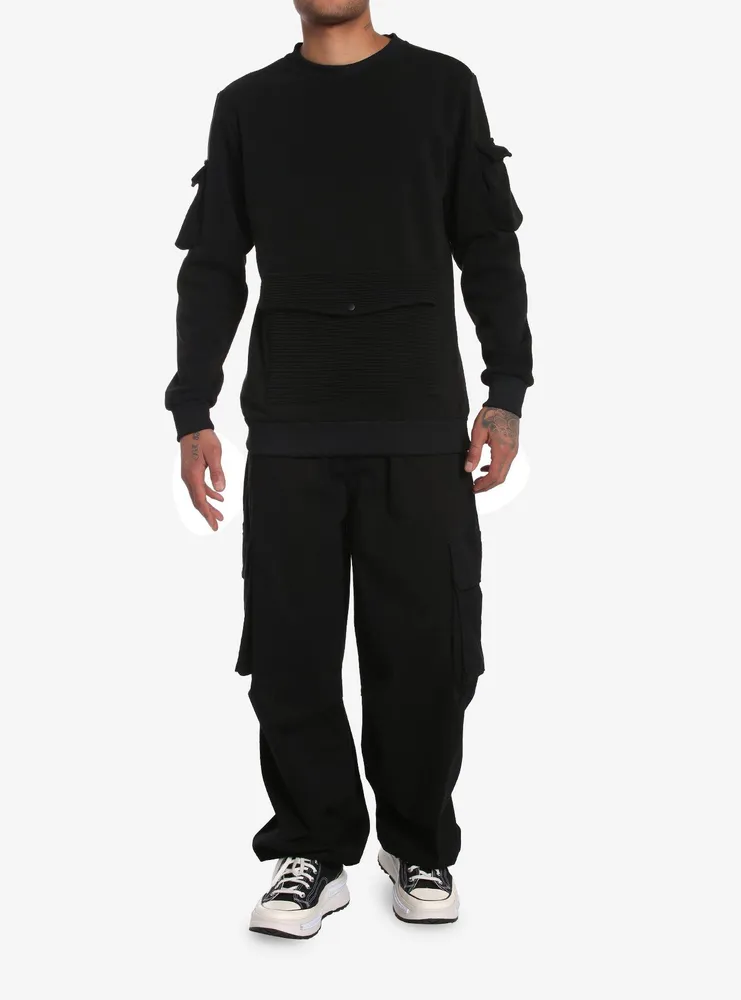 Black Ribbed Pockets Sweatshirt