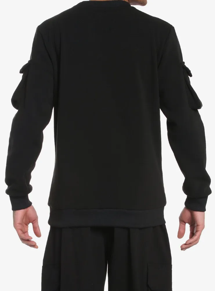 Black Ribbed Pockets Sweatshirt