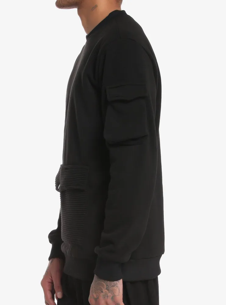 Black Ribbed Pockets Sweatshirt