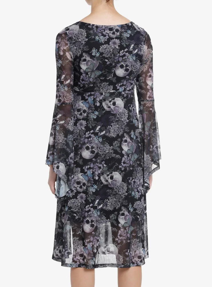 Thorn & Fable Skulls Flowers Mesh Bell Sleeve Midi Dress