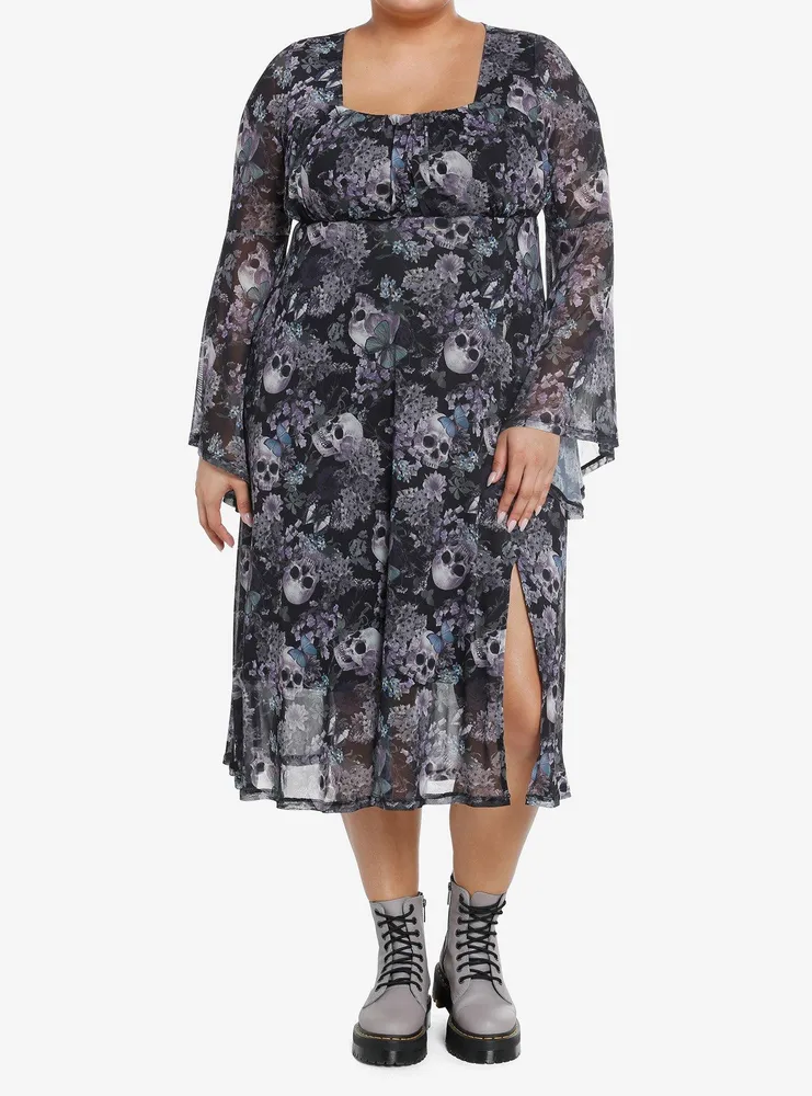 Thorn & Fable Skulls Flowers Mesh Bell Sleeve Midi Dress Plus