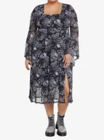 Thorn & Fable Skulls Flowers Mesh Bell Sleeve Midi Dress Plus