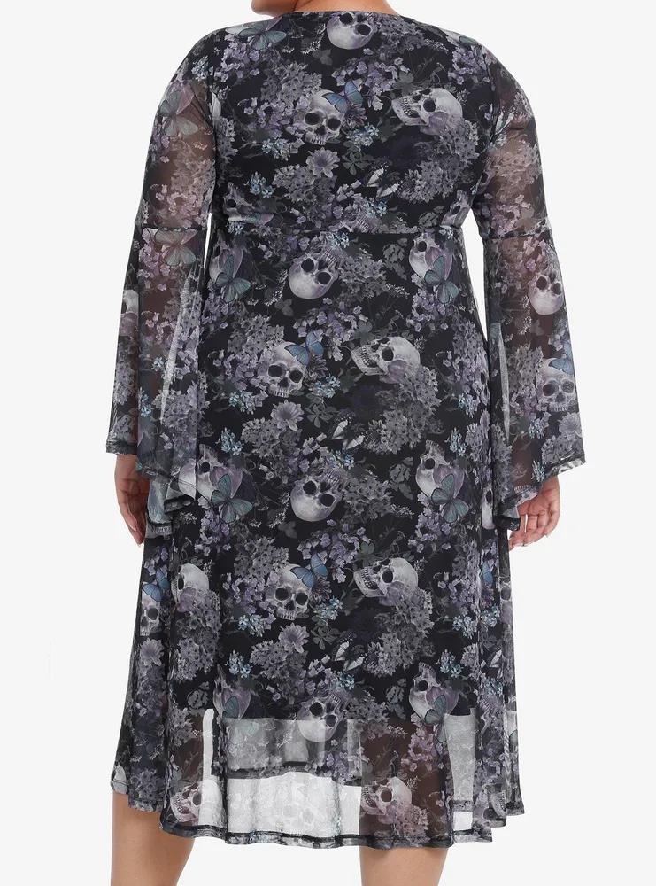 Thorn & Fable Skulls Flowers Mesh Bell Sleeve Midi Dress Plus