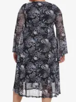 Thorn & Fable Skulls Flowers Mesh Bell Sleeve Midi Dress Plus