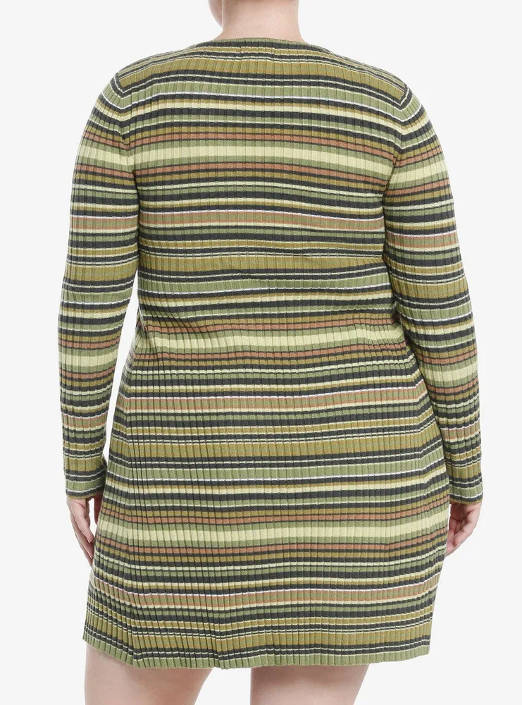 Social Collision Green & Brown Stripe Longline Girls Cardigan Plus