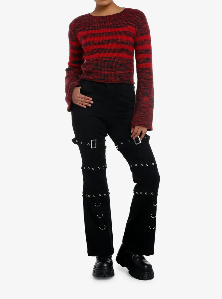 Social Collision Black & Red Stripe Girls Crop Sweater