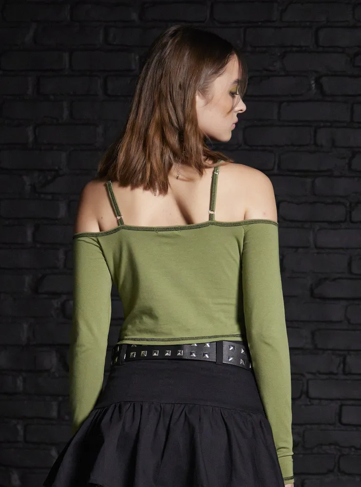 Social Collision Black Star Green Girls Cold-Shoulder Top