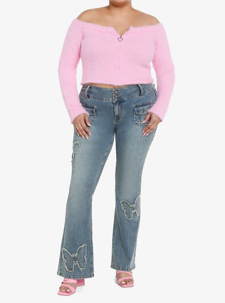 Pink Fuzzy Zipper Off-The-Shoulder Girls Crop Sweater Plus