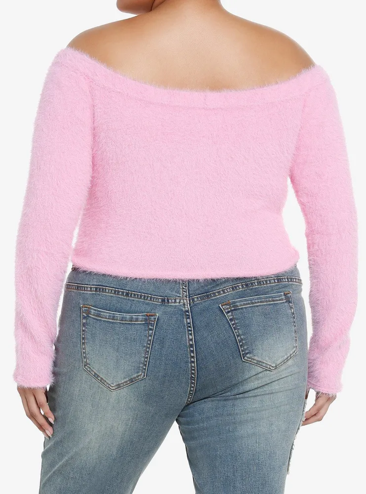 Pink Fuzzy Zipper Off-The-Shoulder Girls Crop Sweater Plus