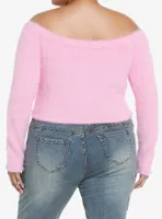 Pink Fuzzy Zipper Off-The-Shoulder Girls Crop Sweater Plus