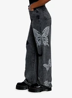 Black Wash Butterfly Rose Destructed Wide Leg Denim Pants