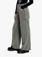 Green Distressed Star Wide Leg Pants